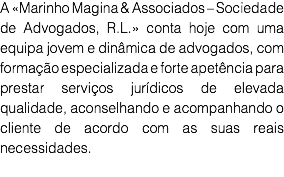 A «Marinho Magina & Associados – Sociedade de Advogados, R.L.» conta hoje com uma equipa jovem e dinâmica de advogados, com formação especializada e forte apetência para prestar serviços jurídicos de elevada qualidade, aconselhando e acompanhando o cliente de acordo com as suas reais necessidades.